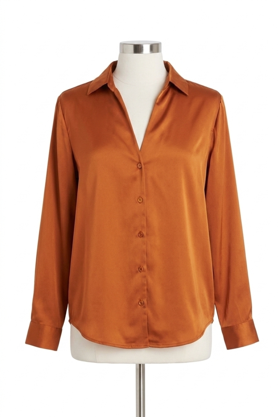 NEW SKIES ARE BLUE long sleeve recycled poly button down shirt in toffee